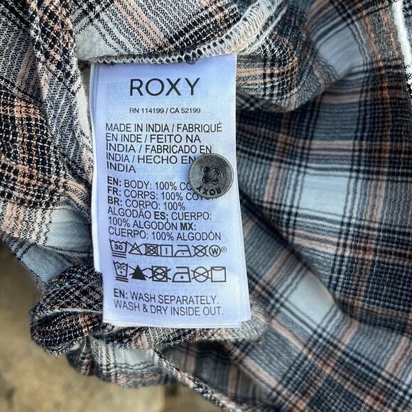 Roxy long sleeve brown plaid button down shirt front knot tie size large NEW - Picture 2 of 5
